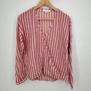 Talori Women's Red White Striped‎ Faux Wrap Long Sleeve Shirt Size Small